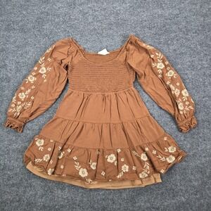 Savanna Jane Dress Womens Small Brown‎ Smocked Tiered Embroidered Long Sleeve